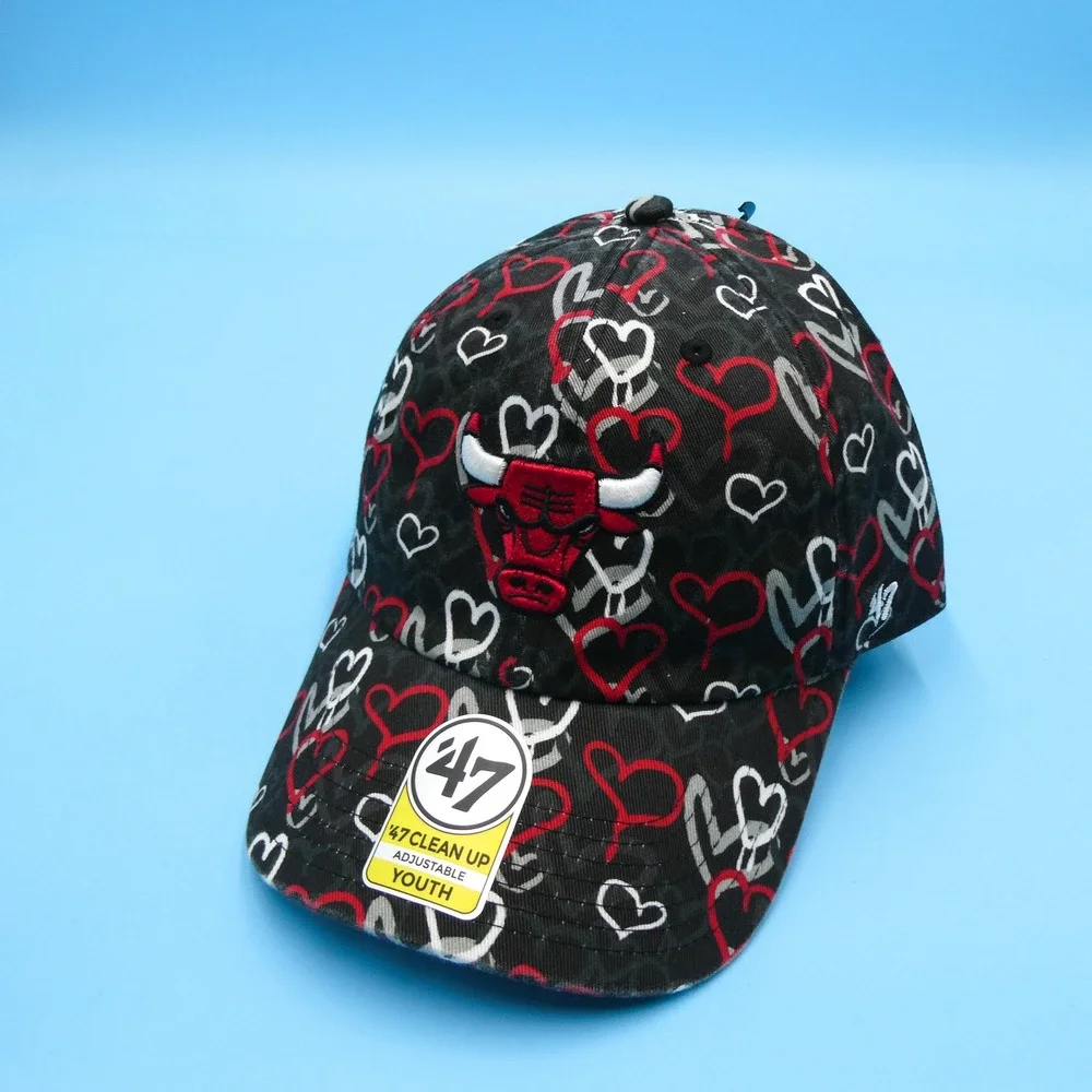 '47 Brand Cap‎ Youth Chicago Bulls Black Red Heart All Over Print Cotton Hat AOP